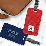 Etiqueta Para Maletas Punto de polka rojo de la cinta azul de la Moda de<br><div class="desc">Viaja con estilo con esta etiqueta de equipaje de moda monograma que presenta una plaza roja bordeada con una cinta azul contra un patrón de puntos polka rojo y blanco. Personalízalo reemplazando el texto del marcador de posición. Para obtener más opciones, como cambiar el tipo de letra y su tamaño/color...</div>