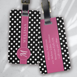 Etiqueta Para Maletas Puntos de Polka en Monograma Blanco Rosa Negro