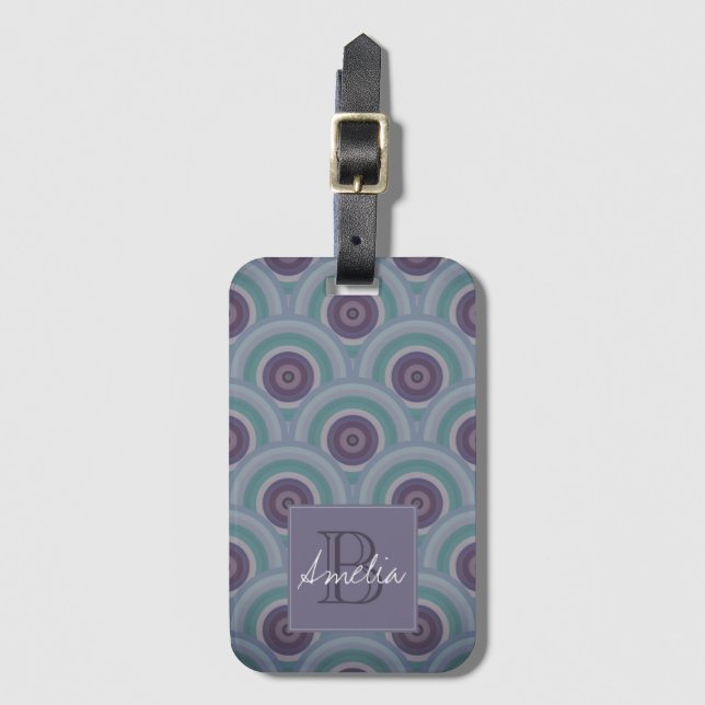 Etiqueta Para Maletas Purple and Green Retro Circles Pattern Monogram (Anverso vertical)