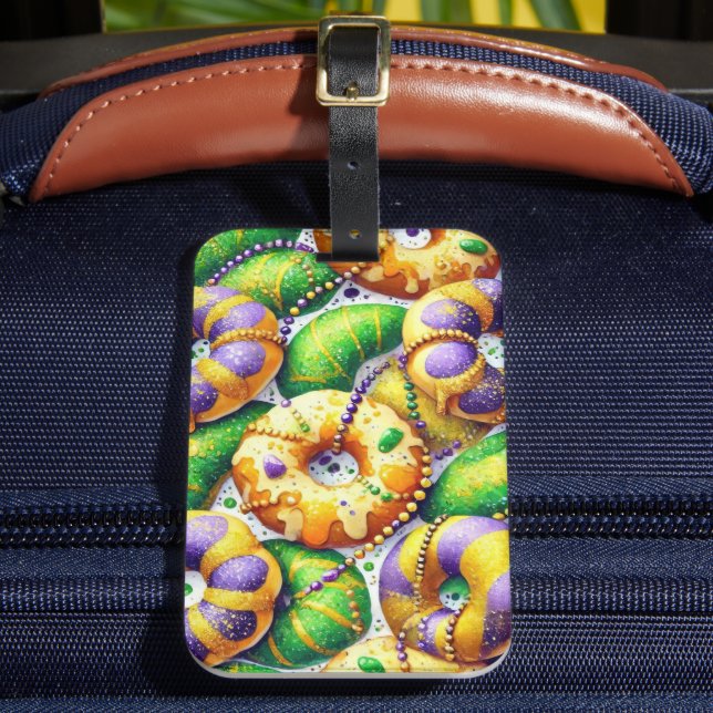 ETIQUETA PARA MALETAS PURPLE GREEN GOLD MARDI GRAS KINGS CAKES (Anverso In situ 2)