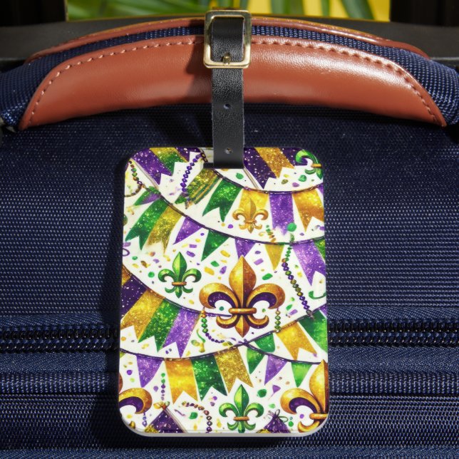 ETIQUETA PARA MALETAS PURPLE GREEN GOLD MARDI GRAS PENNANTES (Anverso In situ 2)