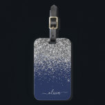 Etiqueta Para Maletas Purpurina azul de la Marina Plata Monograma Girly<br><div class="desc">Nombre del Monograma del Purpurina de espuma azul de plata y marina y almohada inicial. La etiqueta de la bolsa de equipaje hace el dulce perfecto de 16 años,  boda,  ducha de novia,  ducha de bebé o regalo de soltera para alguien que decora su habitación con estilo.</div>