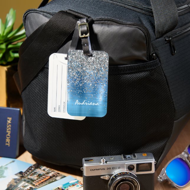 Etiqueta Para Maletas Purpurina de espuma de plata azul personalizado (Anverso & Reverso)