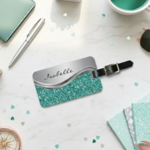 Etiqueta Para Maletas Purpurina de imitación Verde azulada de plata Glam
