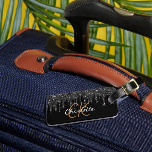 Etiqueta Para Maletas Purpurina de oro negro gotea nombre de monograma