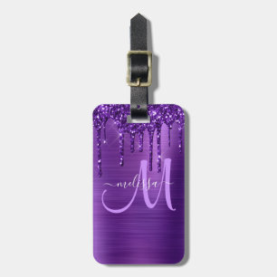 Etiqueta Para Maletas Purpurina Girly Purple Dripping Brush Monograma Me