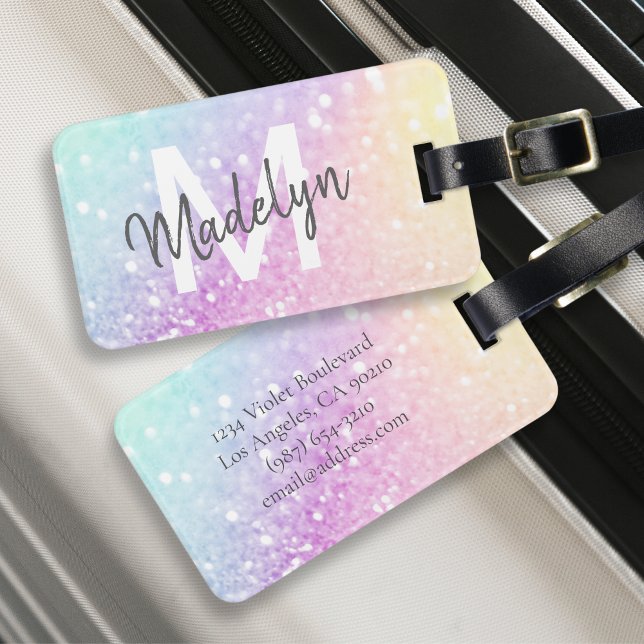 Etiqueta Para Maletas Purpurina glamoroso Holograma Bonito monogramada (Subido por el creador)