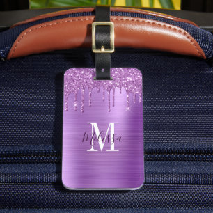 Etiqueta Para Maletas Purpurina morado monogramado goteo cepillado Metal
