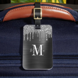 Etiqueta Para Maletas Purpurina negro monogramado goteo cepillado Metali