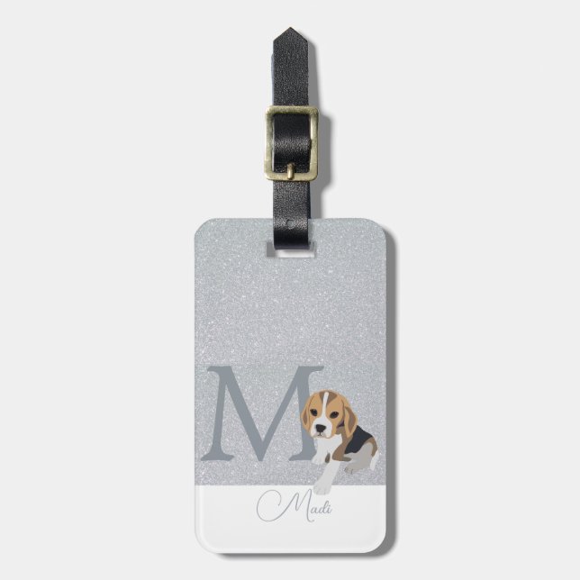Etiqueta Para Maletas Purpurina Plata Beagle Perros Amantes Personalizad (Frente Vertical)