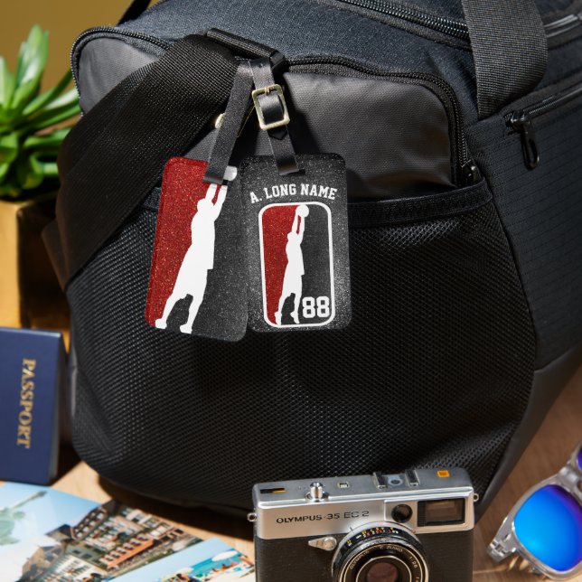 Etiqueta Para Maletas Purpurina Rojo y Negro Hoops Baloncesto (Anverso & Reverso)