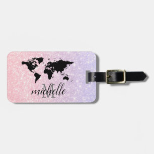 Etiqueta Para Maletas Purpurina rosa elegante mundo de viajes - Mapa