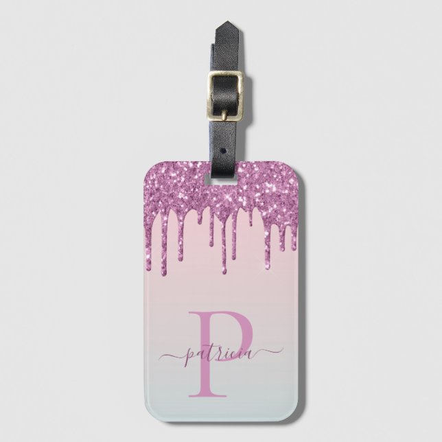 Etiqueta Para Maletas Purpurina rosa Glam Dris elegante Monograma (Anverso vertical)
