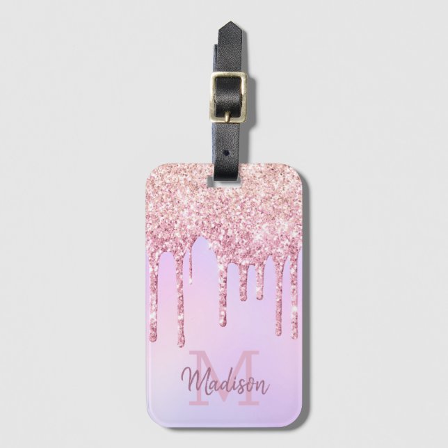 Etiqueta Para Maletas Purpurina Rosa Oro Dris Unicorn Ombre Monogramado (Anverso vertical)