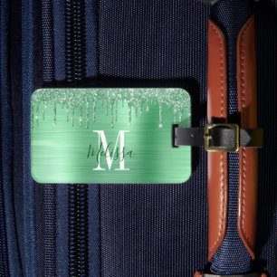 Etiqueta Para Maletas Purpurina verde monogramado goteo cepillado Metali