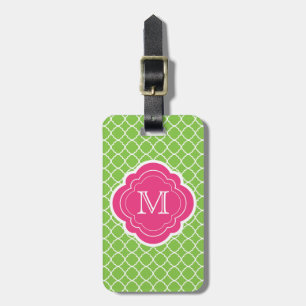 Etiqueta Para Maletas Quatrefoil verde con el monograma rosado