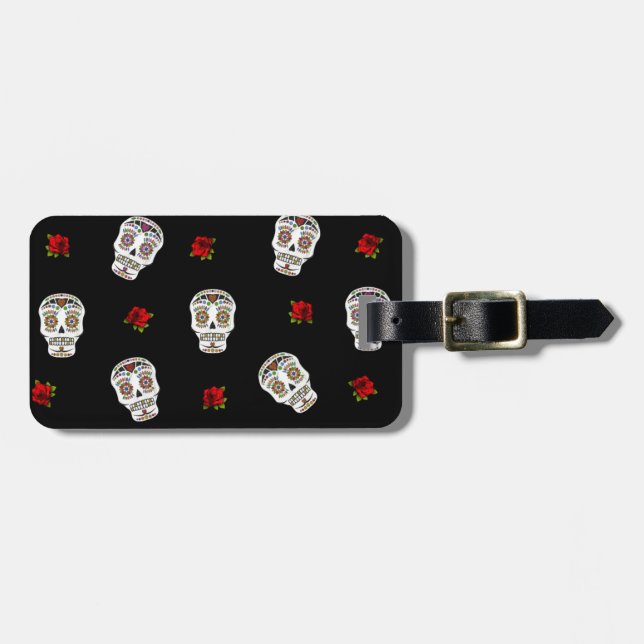 Etiqueta Para Maletas RAB Rockabilly Sugar Skulls Rosas en negro (Frente Horizontal)