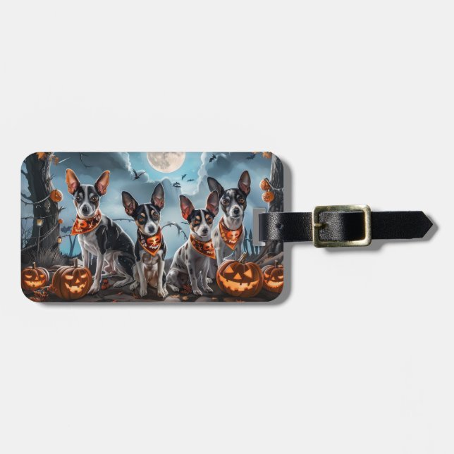 Etiqueta Para Maletas Rat Terrier Halloween Espeluznante  (Frente Horizontal)
