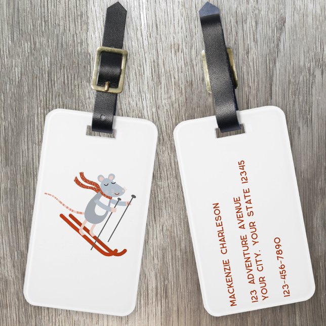 Etiqueta Para Maletas Ratón de esquiar lindo (Skiing Mouse fun cute quirky personalized luggage tags)