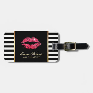 Etiqueta Para Maletas Rayas blancas negras modernas de los labios rojos