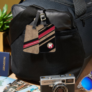 Etiqueta Para Maletas Rayas diagonales negras y rojas con monograma