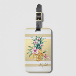 Etiqueta Para Maletas Rayas Doradas Modernas, Piña Floral