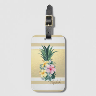 Etiqueta Para Maletas Rayas Doradas Modernas, Piña, Flores