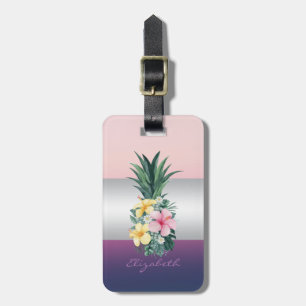 Etiqueta Para Maletas Rayas Femeninas, Flores Tropicales de Piña