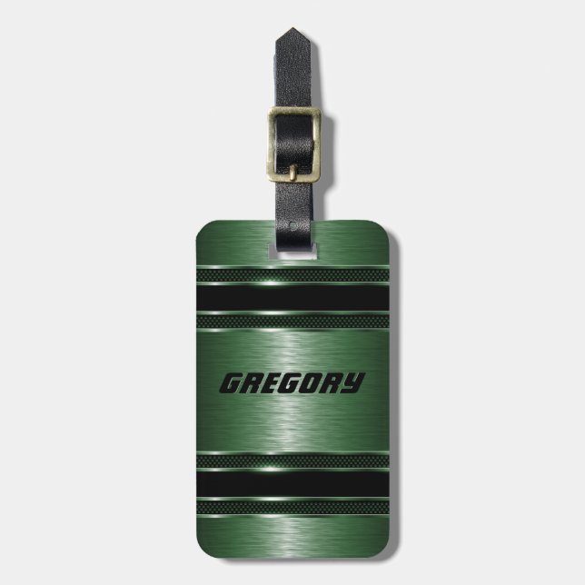 Etiqueta Para Maletas Rayas metálicas Masculinas Verdes Modernas Faux (Frente Vertical)