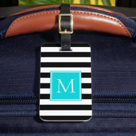 Etiqueta Para Maletas Rayas Negras y Blancas con Monograma Aqua