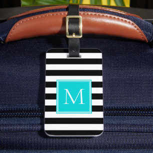 Etiqueta Para Maletas Rayas Negras y Blancas con Monograma Aqua