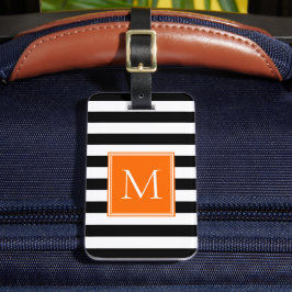 Etiqueta Para Maletas Rayas Negras y Blancas con Monograma de Naranja Po