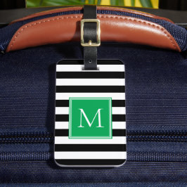 Etiqueta Para Maletas Rayas Negras y Blancas con Monograma en Verde Kell