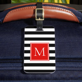 Etiqueta Para Maletas Rayas Negras y Blancas con Monograma Rojo