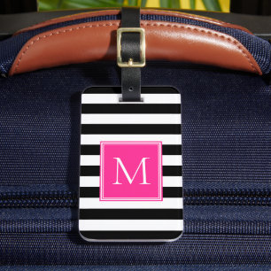 Etiqueta Para Maletas Rayas Negras y Blancas con Monograma Rosa Fuerte