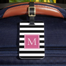 Etiqueta Para Maletas Rayas Negras y Blancas con Monograma Rosa Fuerte