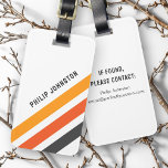 Etiqueta Para Maletas Rayas retro diagonal grises y naranjas blancas<br><div class="desc">Etiqueta para el equipaje con tres rayas diagonales en gris oscuro y dos tonos de naranja sobre fondo blanco y tu nombre personalizado en un tipo de letra negrita y serif moderno. Añade tu información de contacto en la parte posterior.</div>