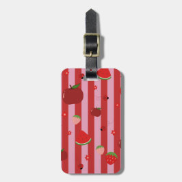 Etiqueta Para Maletas Rayas rosadas y rojas, con un patrón afrutado