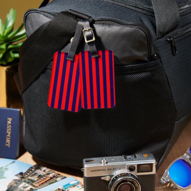 Etiqueta Para Maletas Red and Navy Blue Nautical Stripes  (Anverso & Reverso)