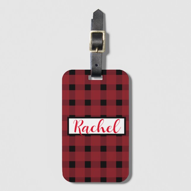Etiqueta Para Maletas Red Black Gingham Personalizado (Anverso vertical)