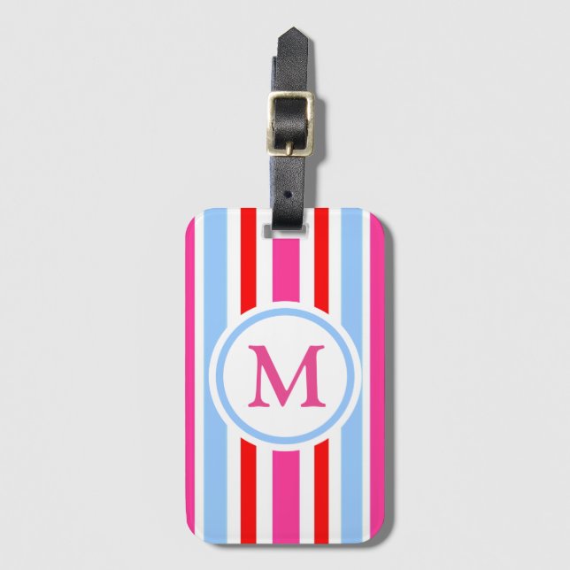 Etiqueta Para Maletas Red Blue Pink Candy Stripes Monogram (Anverso vertical)