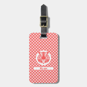 Etiqueta Para Maletas Red Gingham Plaid con la cabeza y el nombre del ti