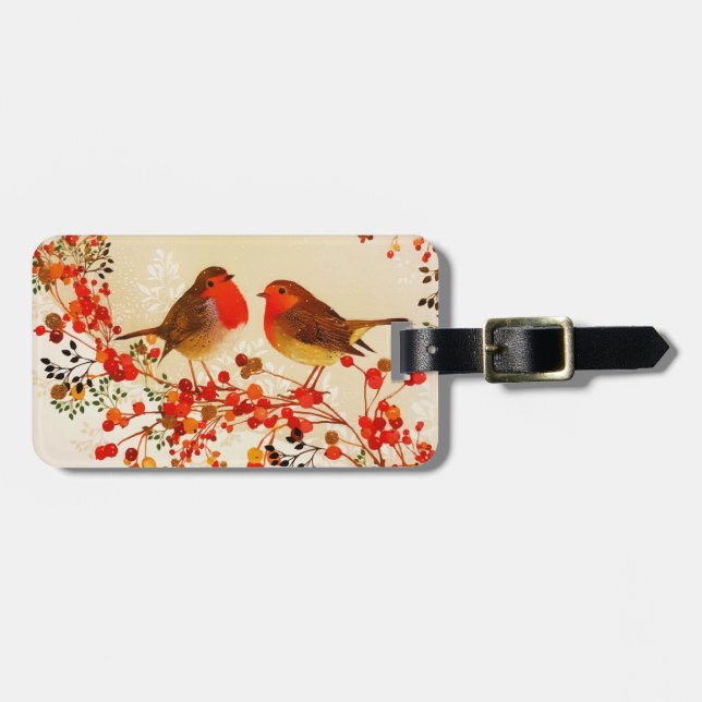 Etiqueta Para Maletas Red Gold Winter Birds Holly Berry Branches (Frente Horizontal)