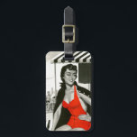 Etiqueta Para Maletas Red Hot Woman<br><div class="desc">Artista:desconocido | Mujer con traje de baño rojo hablando con hombres en la piscina</div>