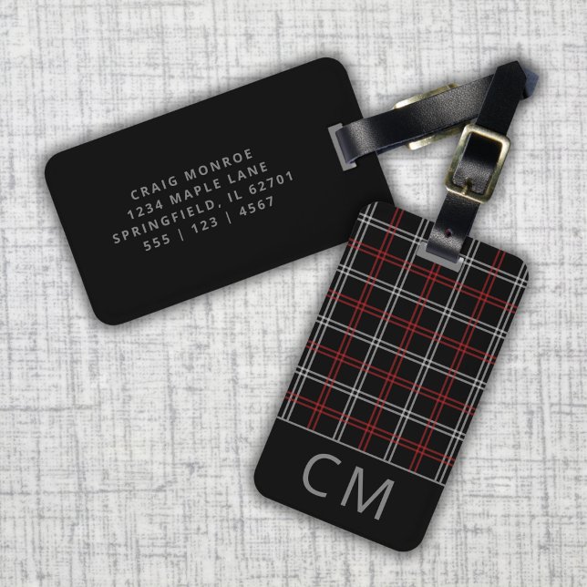 Etiqueta Para Maletas Red Plaid Moderno Monogramado Iniciales Simples (Subido por el creador)