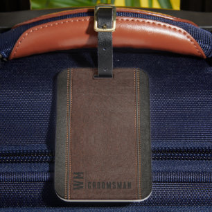 Etiqueta Para Maletas Regalo Groomsman de monograma de cuero falso marró