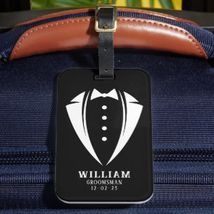 Etiqueta Para Maletas Regalo Groomsman de Tuxedo blanco y negro moderno