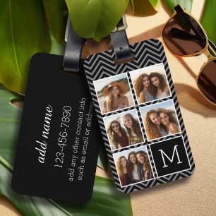 Etiqueta Para Maletas Rejilla de 5 fotos con chevrones negros y monogram