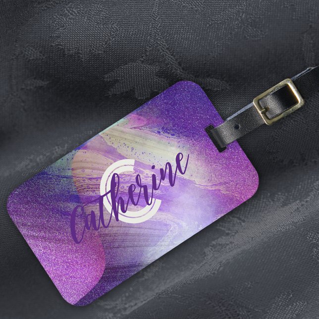 Etiqueta Para Maletas Resumen Glittering Neon Magenta Nombre y inicial (Subido por el creador)