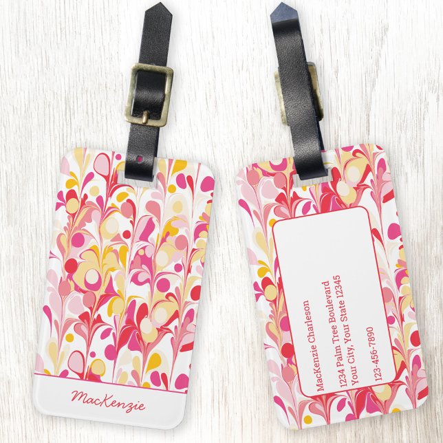 Etiqueta Para Maletas Resumen Retro Marble Rosa Personalizado (Pink, peach and red marble abstract retro personalized luggage tag)